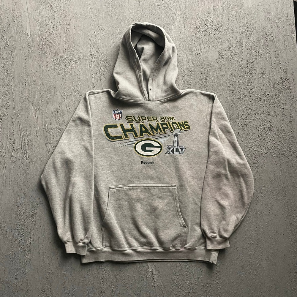 Vintage Green Bay Packers Super Bowl XLV Champions Hoodie Men Medium Gray Reebok